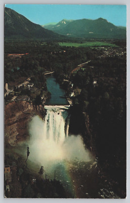Snoqualmie Falls WA Aerial View Town Cascade Mountains Bridge Vtg Postcard C4