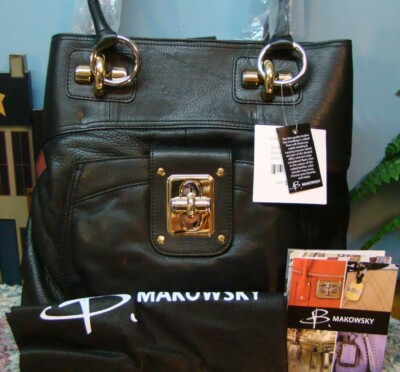 NEW B Makowsky BLACK Astor Leather TOTE Gold-tone & Silvertone Details Rare! XL