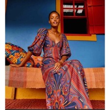 Farm Rio Anthropologie Macaw Arabesque Midi Dress Puffed Sleeves Boho Sz XS NWT