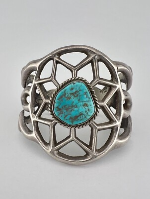 Vintage Navajo Sandcast Sterling Silver Kingman Turquoise Cuff Bracelet 82.3g
