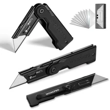 WORKPRO 3PCS Folding Utility Knife Set G10 Handle Box Cutter 10 Extra SK5 Blades