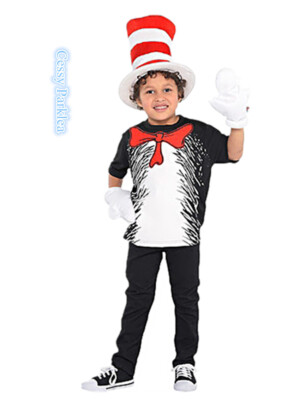 H-J4-2 Cat Boys Girls Child Costume Cat In The Hat Party Kids Book Week