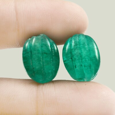 Natural Zambian Emerald Loose Curving Corrundom Oval Beads Gemstone Pair 16x12MM