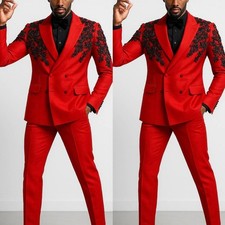 Fashion Red Men's Suits Black Applique Beaded Wedding Tuxedos Party Blazer Pant
