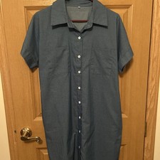 Women's Denim Blue Button-down Shirt Dress With Short Sleeves and Pockets Size L