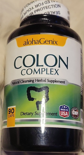 White alohaGenix Colon Complex supplement bottle with green cap, navy label, and text “90 capsules Made in USA GMP.”