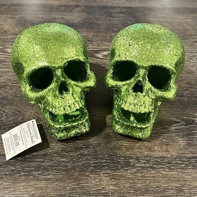 NEW Way to Celebrate Halloween Large 6'' Green Glitter Skeleton Skulls Table Prop