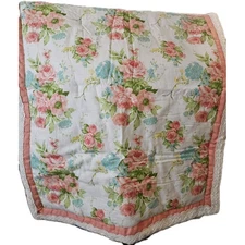 Levtex BABY EMMA crib quilt floral roses aqua coral 36 x 45"  cotton cottage EUC