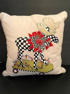 Mackenzie Childs Christmas Moose On Parade Beaded Courtly Check Pillow 18"
