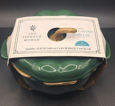 Pioneer Woman Pumpkin Mini Cocotte with Lid Ceramic Green 13.5oz Bakeware NEW