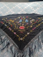 Vtg Spanish Flamenco Silky Scarf Shawl Triangle Fringe Floral Embroidery...
