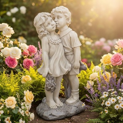 Delightful Young Sweethearts Garden Sculpture - Hand-Finished Kid Figurine