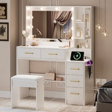 Vanity Desk with Mirror 10 LED Lights, 5 Drawers Makeup Vanity Table Charging