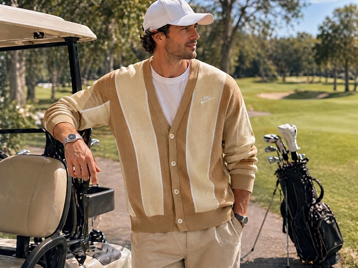 Mens Nike Striped Cotton Button-Up Golf Cardigan XL Beige & White