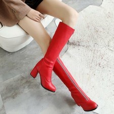 Women's Faux Leather Knee High Boots Block Heels Front Zip Knight Casual Shoes