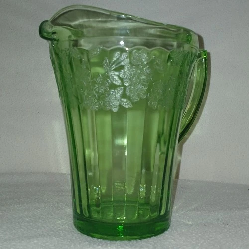 Jeannette Cherry Blossom Green Depression Glass Pitcher Glows! Etched Floral VG