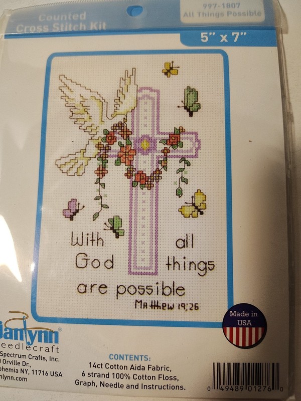 JANLYNN New Counted Cross Stitch Kit "With God All Things Are Possible" 5"x7"
