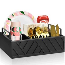 Paper Plate Dispenser with Utensil Caddy, Rustic Wooden 6-Compartment Flatwar...