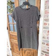 Tahari Herringbone Shift Dress Women Large Black White Tweed Short Sleeve Button