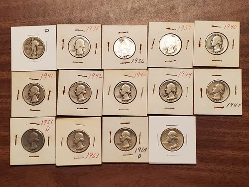 Lot of 14 Silver Washington and Standing Liberty Quarters– 90% Silver – FREE S/H