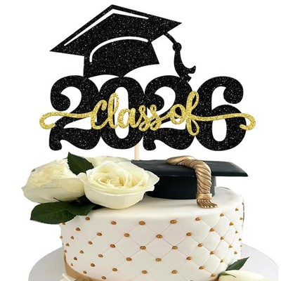 Class of 2026 Glitter Cake Topper Congrats Grad Cap Black Gold Party Decor