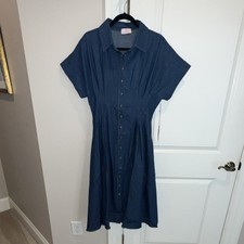Lake Lady Denim Shirt Dress Blue Midi L Button Pleated Cotton Cap Sleeve