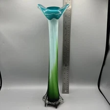 15.25" Hand Blown Art Glass Jack In The Pulpit Calla Lily Green Vase