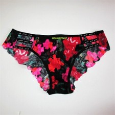 PINK Victoria Secret Strappy Logo Cheekster Panty Size S Black Red Floral Lace