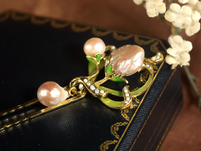 Peigne à Cheveux Art Nouveau Émaillé Vert - Long, Fleuri, Avec Perle De Jade, Pour Chignon