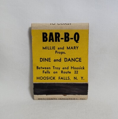 Vintage Bar-B-Q Restaurant Milly Mary Hoosick Falls Matchbook Cover Advertising