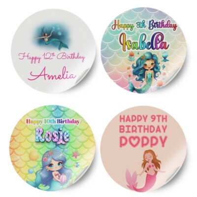 Personalisierte Meerjungfrau Design beliebiger Name Geburtstag Aufkleber Party Deko Etikett 12