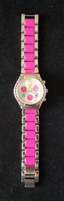 Joe Boxer Silver Tone Watch Pink Crystal Bezel & Band 7.75''Max Size New Battery