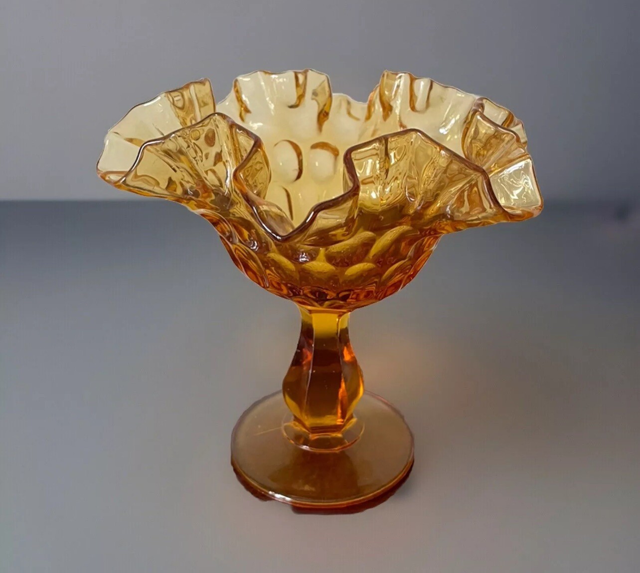 Vintage Amber Fenton Ruffled Ribbon Edge Pedestal Candy Dish Compote Vase Marked