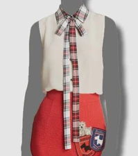 $300 Boutique Moschino Women's Ivory Plaid Collar Tie-Neck Top Size 38/ US 4