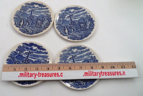 4 Blue Transferware Ironstone England Butter Pats Coasters Country Road Robbers - Picture 9 of 12