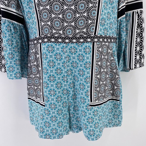 Ann Taylor Loft Romper L Womens Teal Black White Geometric Pockets Bell Sleeve - Picture 5 of 11