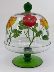 Glass Cloche and Stand Hand Painted by TG Bees Flowers Green and Clear