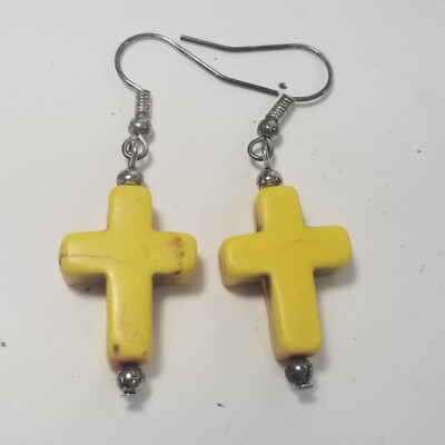 Yellow Stone Cross Hook Dangle Drop Earrings Christian Religious