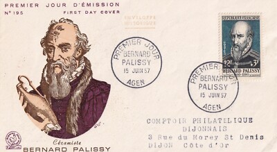 Briefumschlag 1. Tag First Day Cover Briefmarke 1957 BERNARD PALISSY Keramiker AGEN