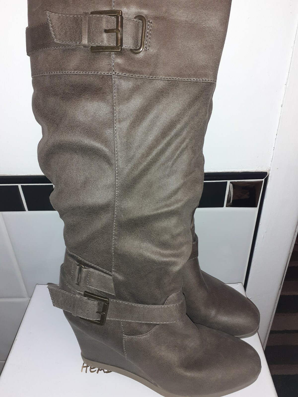 DUNE HEAD OVER HEELS TAUPE BUCKLE WEDGE 