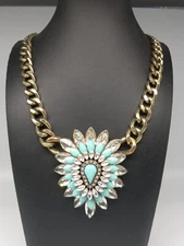 Loft Statement Necklace Antiqued Gold Tone Chain Clear And Blue Stones Pendant
