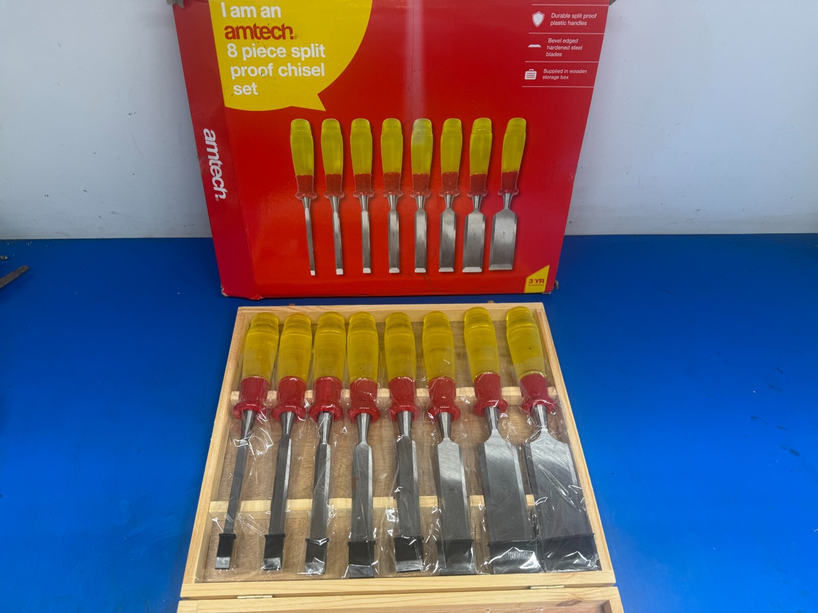 8PC WOOD CHISELS SET SPLIT PROOF HANDLES WOODWORKING CARVING TOOLS + WOODEN CASE