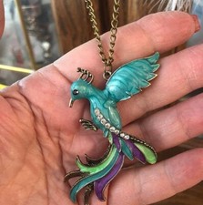 PHOENIX PENDANT, Cloisonne Enamel Phoenix Bird Necklace, Fantasy FIREBIRD