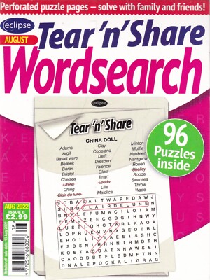 WORDSEARCH PUZZLE BOOK MAGAZINE, TEAR & SHARE AUG 22  - 96 NEW PUZZLES TO SOLVE