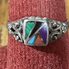 925 Sterling Filagree Multicolor Stone Southwestern Vintage Ring Sz 8, 2.4g