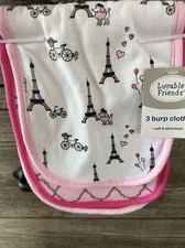 NEW 3 PACK LUVABLE FRIENDS SOFT  ABSORBENT EIFFEL TOWER, PARIS PINK BURP CLOTHS