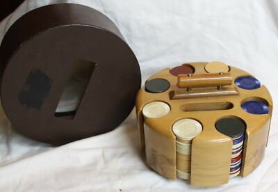 Vintage Poker Chip Set Wood Caddy with Chips, some catalin chips