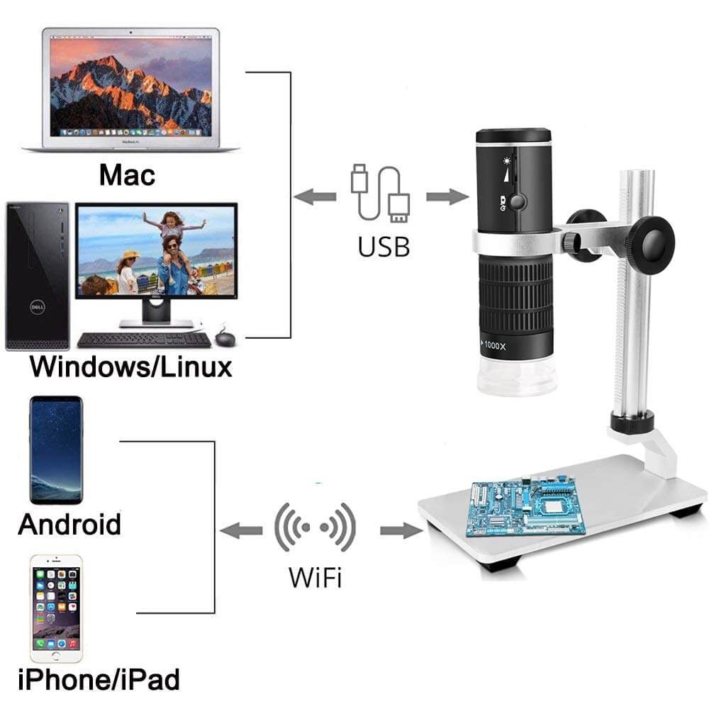 WiFi USB Digital Microscope 50 to 1000x Wireless Magnification Endoscope 8 LE...