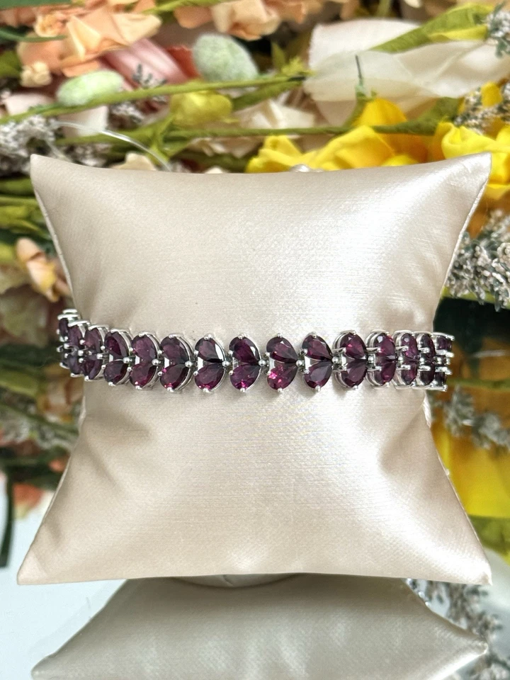 "Brazalete de tenis de doble fila de rodolita granate de plata esterlina de diseño 7,5""" Foto 2 de 4