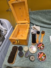 Vintage Oak Wood Shoe-Shine Box With Latch, Brushes  Polish